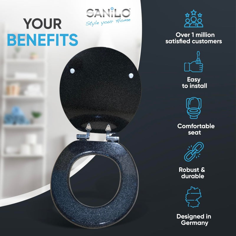 SANILO Wooden Toilet Seat with Soft Close [ROUND] - Decorative, Quiet & Slow Close Molded Wood Seat - With Strong Bumpers & Hinges - Adjustable Fit â€“ Glittering Black - Image 2
